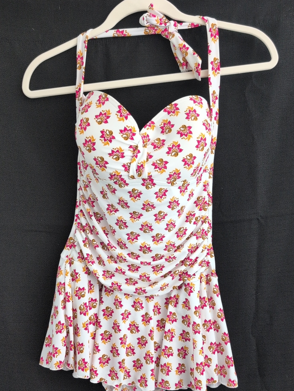 Girls White Halter One-Piece Swimsuit with Pink Floral Print and Skirt